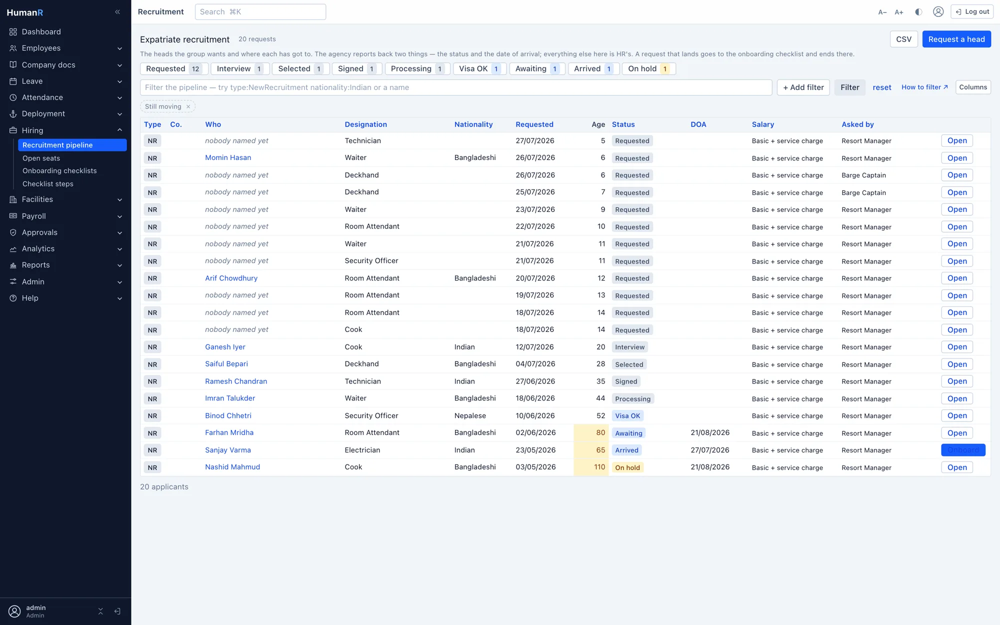 HumanR recruitment pipeline with status chips per candidate